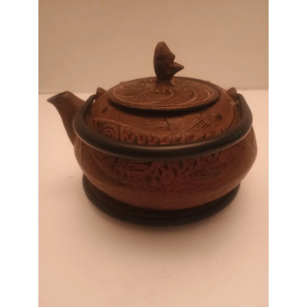 Vintage Antique Teavana Hobnail Brick Red Cast Iron Teapot With Aztec Print...